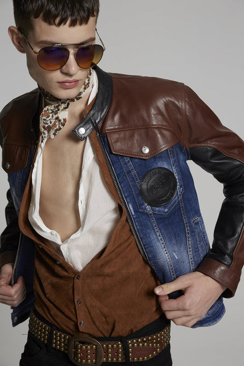 DSQUARED2 Mixed Leather And Denim Biker Jacket