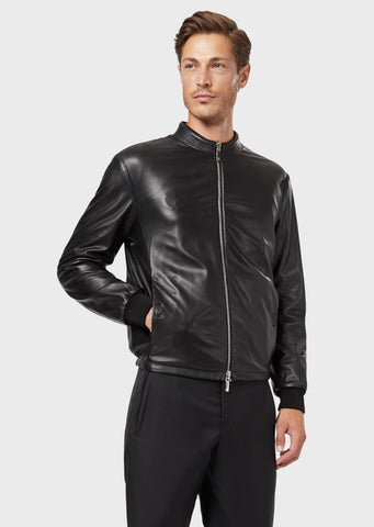 GIORGIO ARMANI  Reversible tanned Nappa leather and embossed-logo velvet blouson jacket