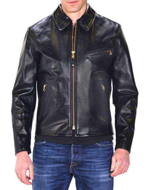 Schott NYC Men's Classic Horsehide Black Racer Motorcycle Leather Jacket with Spread Collar