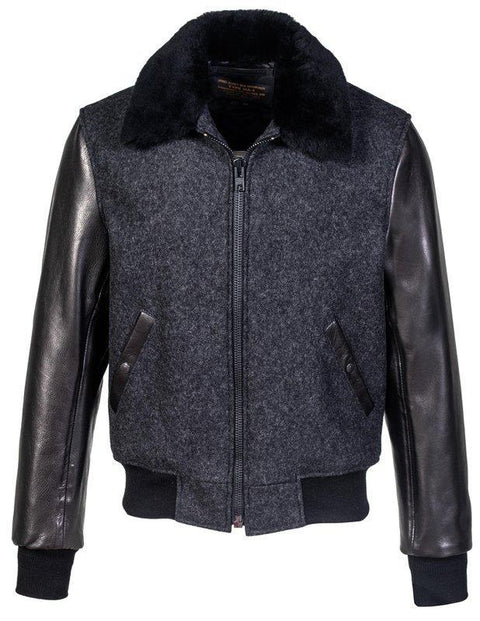 Schott NYC Men's B-15 Style Wool Jacket, Leather Sleeves and Genuine Sheepskin Collar