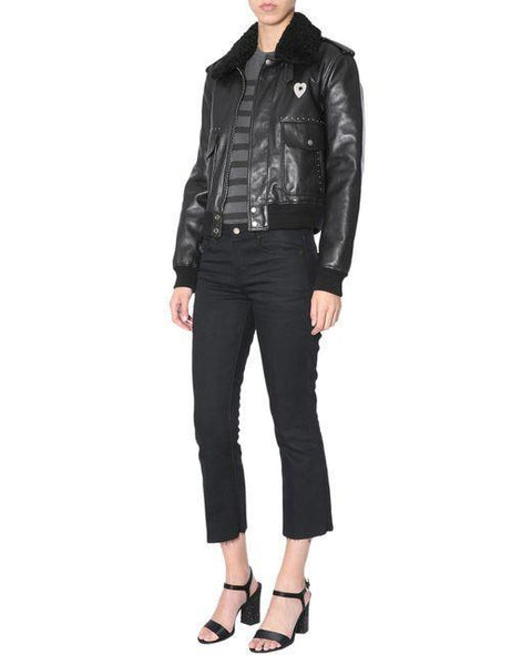 Saint Laurent Women's Black Leather Jacket With Shearling Collar