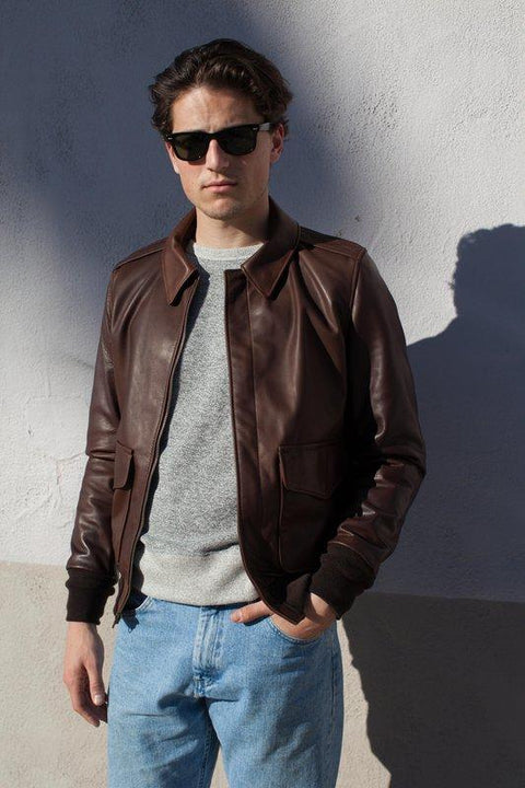 Schott NYC Waxed Natural Pebbled Cowhide A-2 Leather Flight Jacket